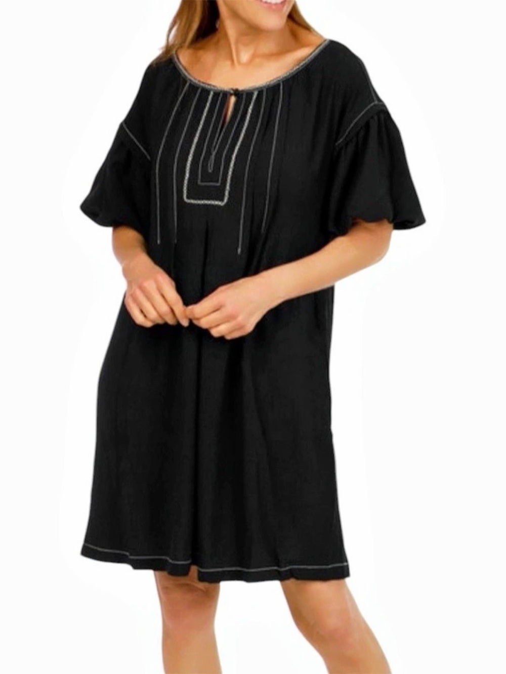Max Studio Bubble Sleeve Dress Black w/ contrast embroidered trim, NWT 1X